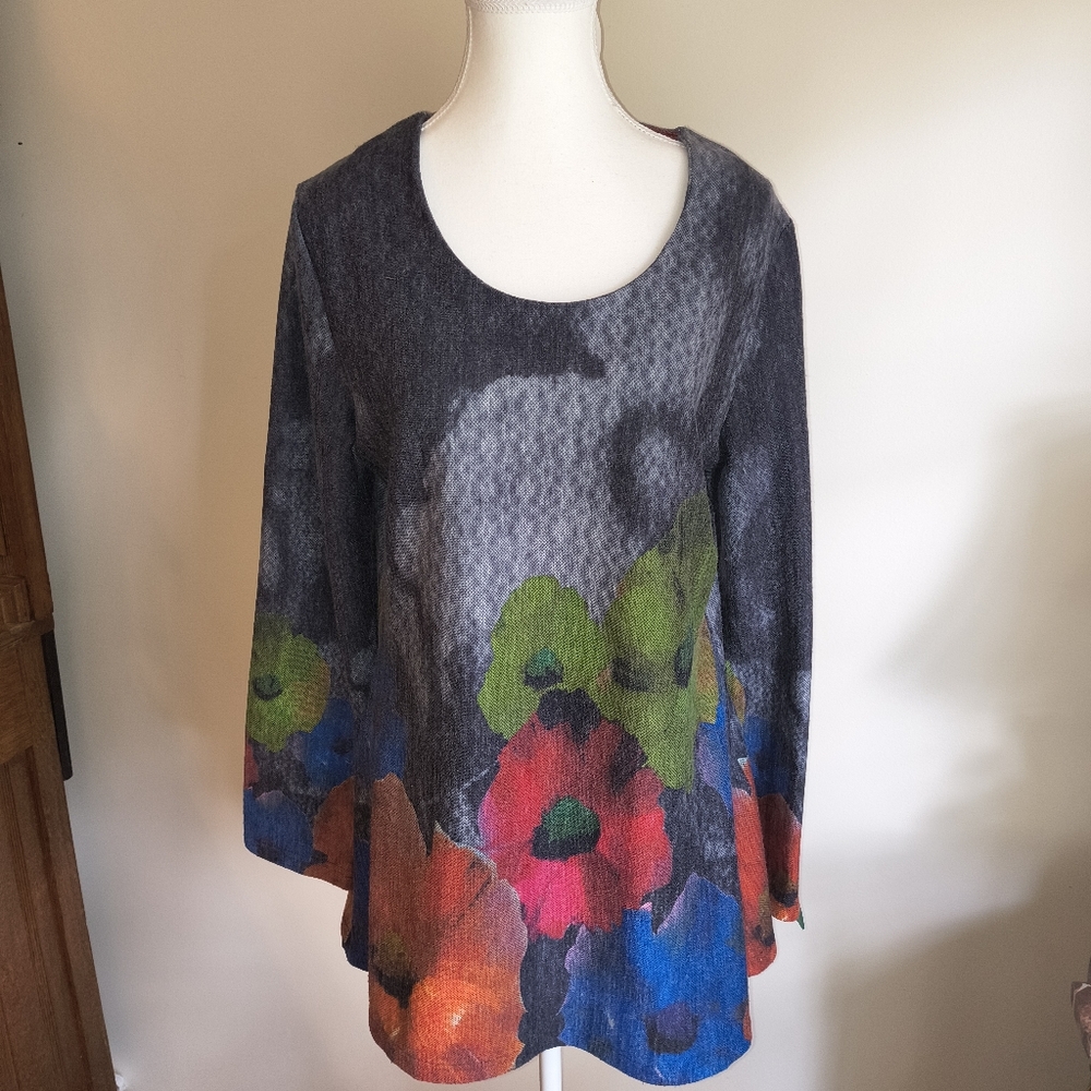 Radzoli Tunic Top Women Large Bold Colorful Long Sleeve Floral With Scarf Artsy